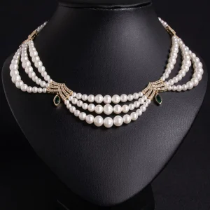 Multi Layer Round Pearl Statement Necklace Gold Plated Marquise Emerald Accent Side Decor For Wedding Party Bulk Fast Delivery