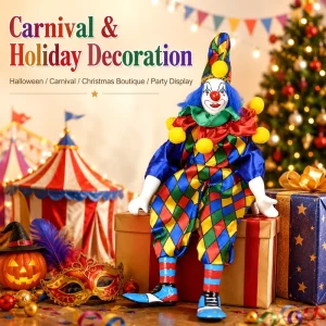 Multi color Diamond Pattern Ceramic Clown Doll with Yellow Pom poms Harlequin Tabletop Decorative Ornament for Window Display
