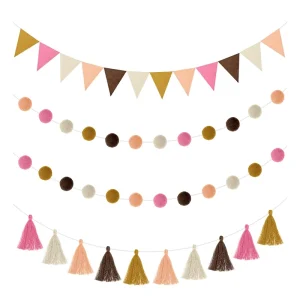 Multicolor Party Garland Triangular Flag Felt Fabric Rainbow Pom Pom Pennant Banner for Birthday Party Classroom Decoration