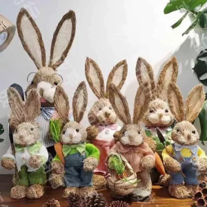 Multistyles 14 Inch Easter Straw Bunny Figure Easter Rabbit Easter Holiday Supplies Decoration for Home Garden