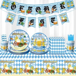 Munich Oktoberfest October Party Tableware Decoration Blue White Plaid Tablecloth Napkins Cups Paper Plates Banner Celebration