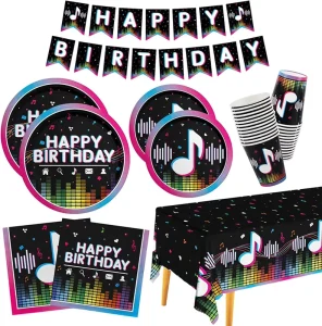 Music Party Supplies Disposable Paper Plates Napkins Cups Tablecloth and Banner for Girls Boys Music Party Birthday Decorations