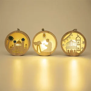 Muslim Festival Wooden LED Lighted Hanging Ornament Creative Islamic Home Decor Ideal for Eid Al Adha Gifts