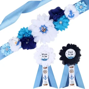 Nautical Baby Shower Maternity Sash Kit Blue Ahoy Nauticalm Baby Shower Belly Belt Mom to Be and Dad to Be Corsage Pins