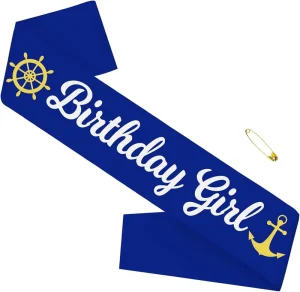 Nautical Themed Birthday Girl Sash in Navy Blue Satin Glitter Gold Silver Print for Women’s Boat Party Decorations