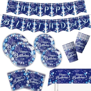 Navy Blue Birthday Party Tableware Set Disposable Paper Plate Cup Bannner for Party Decoration Party Holiday Supplies