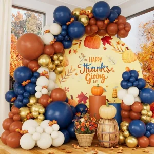 Navy Blue Orange Gold Thanksgiving Pumpkin Balloon Garland Arch Kit Latex Party Decor for Fall Holiday Decoration