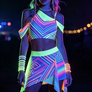 Neon Fluorescent UV Glow Two Piece Outfit Asymmetric Crop Top + Irregular Skirt for Music Party