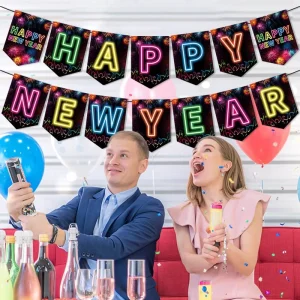 Neon Happy New Year Hanging Swirls Banner New Year Eve Ceiling Swirls for Colorful New Year Party Supplies NYE Decor