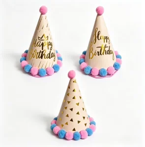 Neutral Gold Foil Birthday Party Hats With Pink Blue Pom Pom Kids Cone Photo Booth Props Party Decorations Supplies