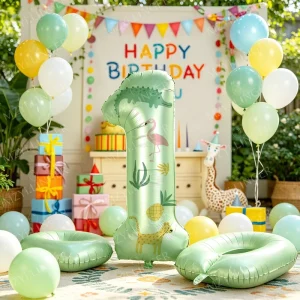 Neutral Safari 1st Birthday Balloon Kit Jungle Animal Number 1 Foil Green Yellow Latex Baby Shower Backdrop Decor