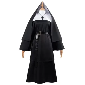 New Adult Black Nuns Dress with Belt Halloween Trumpet Sleeve Dress Easter Cosplay Party Game Costume