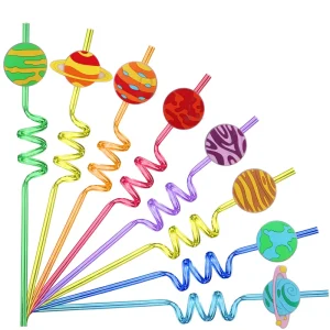 New Arrival Adjustable Spiral Straw Promotion Planet Series Style Customized Color Decorative Plastic Drinking Straw