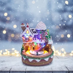 New Arrival Christmas Decorations Noel Seasonal LED Musical Gingerbread House with Rotating Figurines