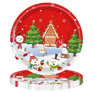 New Arrival Christmas Party Supplies Snowman Tableware Set Disposable Paper Plates Cups Napkins Tablecloth