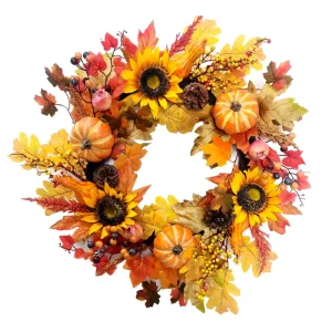New Autumn Harvest Halloween & Thanksgiving Plastic Wreath with Maple Leaves and Pumpkins for Easter Decorations 50CM