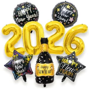 New Black Gold New Year Balloon Set with Happy New Year Banner and New Year Decoration