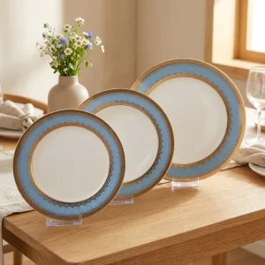 New Bone China Manufacturer 18PCS Rim Shape Elegant Luxury Blue Embossed Gold Pattern Porcelain Ceramic Dinner Sets