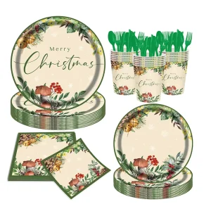 New Christmas Themed Tableware Party Supplies Multi Patterns Disposable Paper Plates Cups Towels Decorations in a 25-person Set