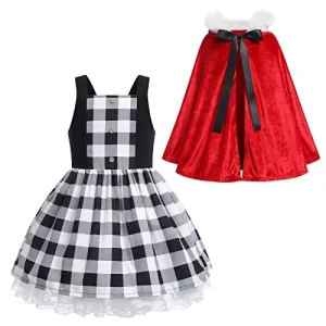 New Christmas Women Girls Cosplay Costume Anime Christmas Costume Full Set Cute Black White Plaid Dress and Red Cape Party Dress