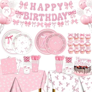 New Creative Pink Bow Theme Disposable Paper Plate Cup Napkin Baby Shower Tableware Set Happy Birthday Party Supplies
