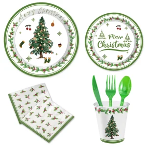 New Design Christmas Theme Party Supplies Kids Festive Decorations Tree Party Tableware Set Party Paper Plate Cup Napkin