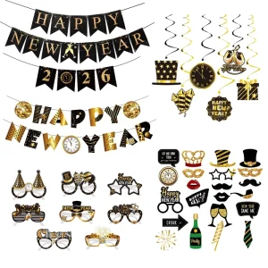 New Design Happy New Year Black Gold Banner Glasses Photo Props Decorations for New Year Party Supplies