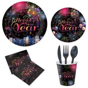 New Design Happy New Year Party Supplies Firecracker Disposable Party Tableware Set Party Paper Plate Cup Napkin