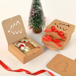 New Design Hollow Out Square Christmas Gift Packaging Box Foldable Kraft Paper Box With Ribbon Closure