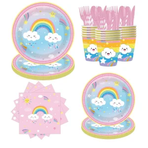 New Disposable Party Tableware Supplies Set Rainbow Cloud Paper Banner Tablecloth Cutlery Plate Cup for All Events