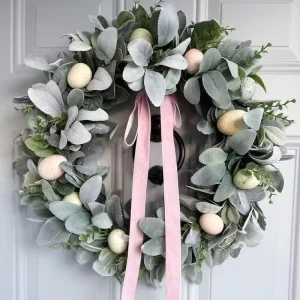 New Easter Lamb Ear Leaf Colorful Egg Wreath Hanging Plastic Ornament 43cm for Hotels Home Wedding Wall Decor Indoor Outdoor