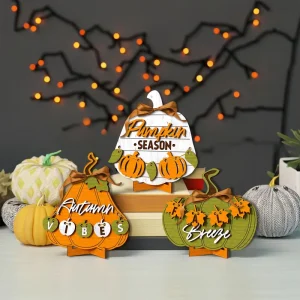 New Fall Table Decoration Pumpkin Season Autumn Vibes Leaf Shaped Wood Centerpiece Display Fall Pumpkin Sign