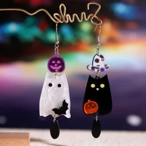 New Fun Halloween Acrylic Spooky Ghost Cat Pumpkin Witch Hat Bat Boho Asymmetric Dangle Drop Earrings Holiday Party Gift Jewelry