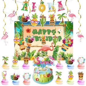 New Hawaii Themed Birthday Party Decoration Banner Disposable Size Cake Insert Background Cloth Hanging Spinning Summer Outdoor