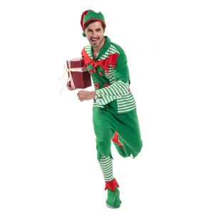 New Mens Christmas Costume Green and Red Striped Outfit for Adult Holiday Party Carnival Role Play Festive Costumes