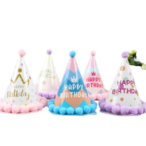 New Party Decoration Supplies Eco Friendly Kids Birthday Paper Hat Headband Birthday One year old Fur Pom Pom Party Hats