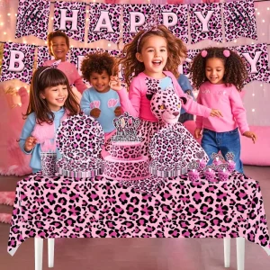 New Pink Leopard Print Theme Party Supplies Birthday Party Tableware Kits Ornaments Decorated Set for Girls