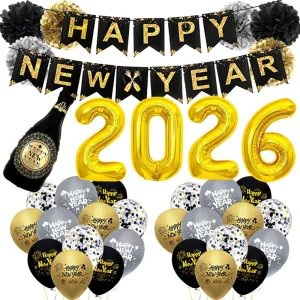New Product Happy New Year Decor Gold Black Happy New Year Latex Balloon Banner Party Supplies Kits for Home Decoration