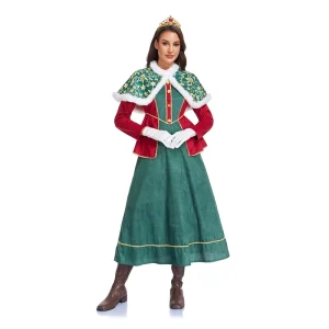 New Santa Claus New Year’s Party Women’s Role Playing Red and Green Dress and Cape Suit Queen Carnival Stage Performance Gown