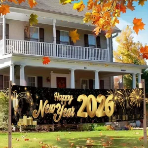 New Year Banner Black Gold for Clock Design 300*50cm Polyester Background Indoor Outdoor Festival Party