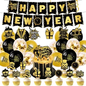 New Year Black Gold Party Decorations Kit with Latex Balloons Banner Cake Topper Hanging Ornaments for Christmas Eve Party
