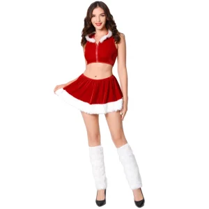 New Year Christmas Red Sleeveless Hot Dress Cosplay Party Performance Fancy Costumes With Leg Warmers