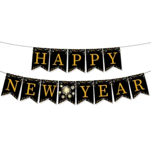 New Year Decorations Gold Black Happy Supplies Party Tableware Set Kids Birthday Decorations Banner