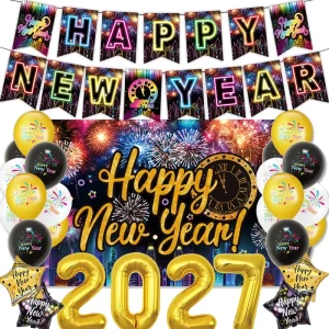 New Year Eve Neon Letter Banner Firework Background Latex & Digital Foil Balloon Party Decoration Kit