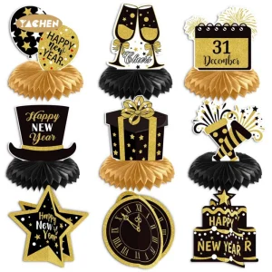 New Year Eve Party Supplies 9Pcs Black Gold New Year Honeycomb Centerpieces Decorations