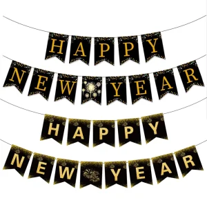 New Year Happy New Year Banner with Fireworks Letters Festive Flag Garland for Party Decor