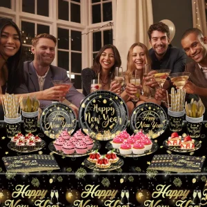 New Year Happy Paper Plate Party Tableware Set Black Gold Disposable Carnival Decoration and Arrangement Kit