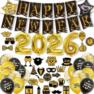 New Year Holiday Supplies Party Balloons Happy New Year Decoration Pull Flag New Year Photo Props Banner Set