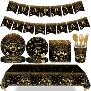 New Year Luxury Plastic Tableware Set Party Supplies Decorations Glitter Black Gold Disposable Plates