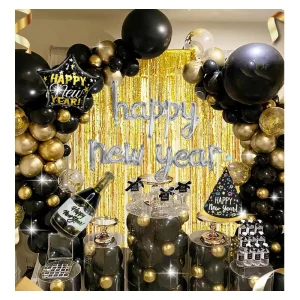 New Year Party Decoration Balloons Set Black Gold Series Happy New Year Foil Balloon